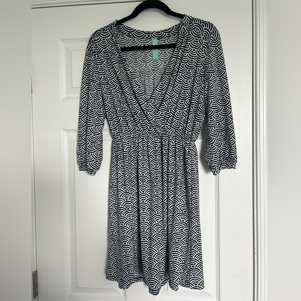 Blue and White Patterned Faux Wrap Dress